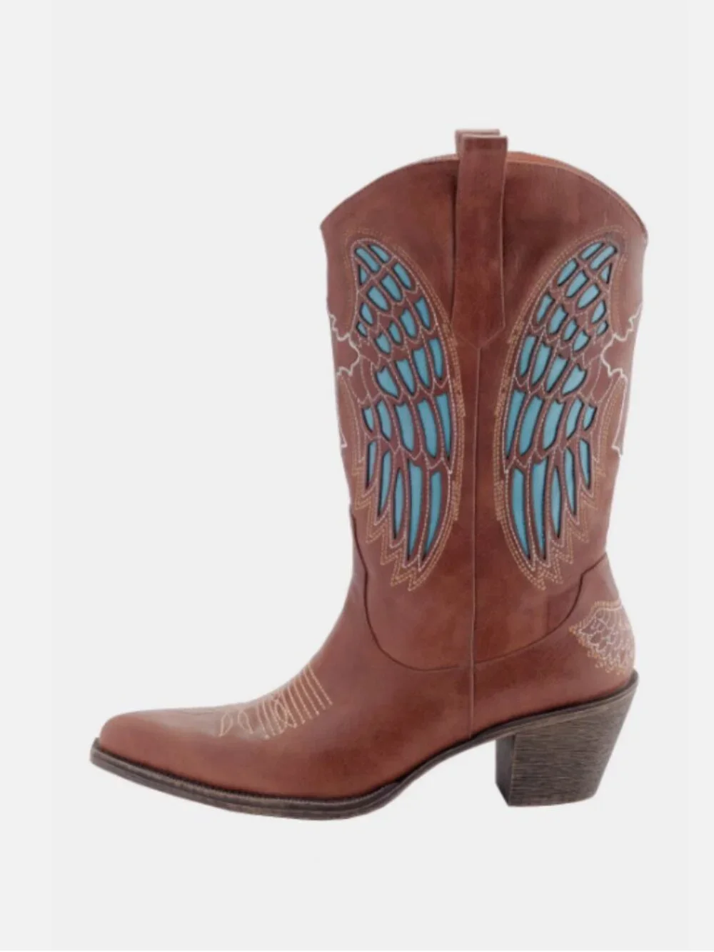 New Women's Embroidered Cowboy Boots Angel Wings & Cross Genuine Leather Western